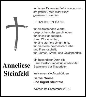 Traueranzeige von Anneliese Steinfeld von Neubrandenburger Zeitung