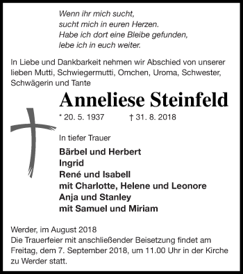 Traueranzeige von Anneliese Steinfeld von Neubrandenburger Zeitung