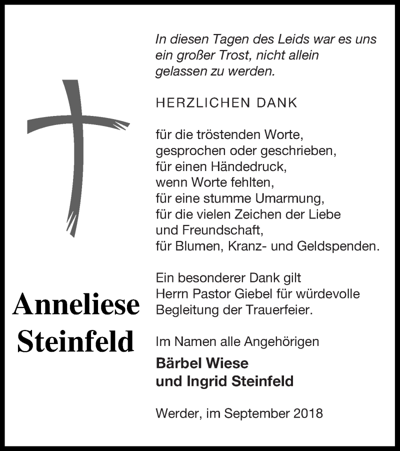  Traueranzeige für Anneliese Steinfeld vom 14.09.2018 aus Neubrandenburger Zeitung