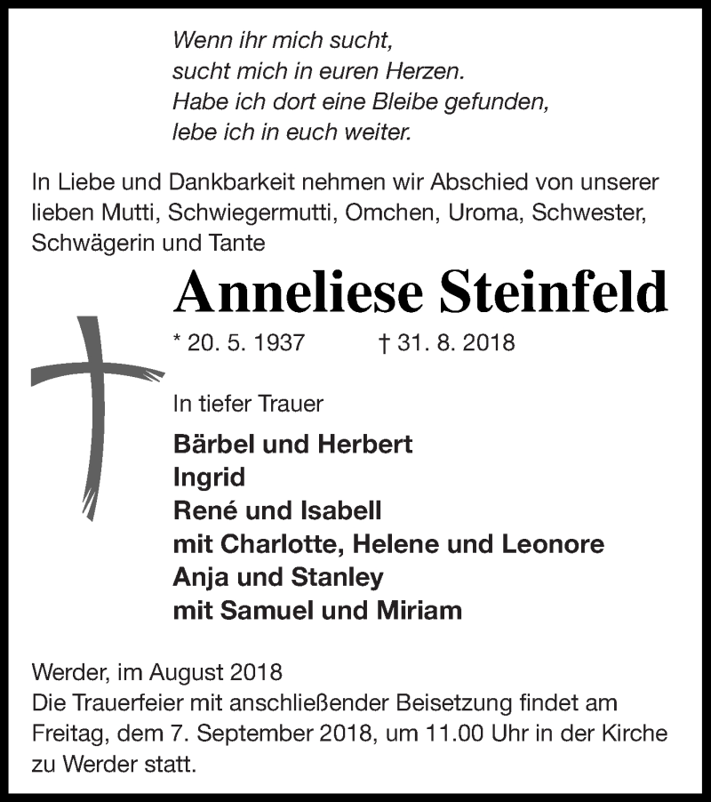  Traueranzeige für Anneliese Steinfeld vom 04.09.2018 aus Neubrandenburger Zeitung