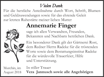 Traueranzeige von Annemarie Finger von Vorpommern Kurier