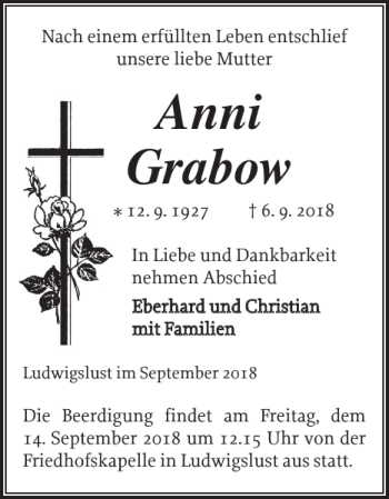 Traueranzeige von Anni Grabow von Ludwigsluster Tageblatt