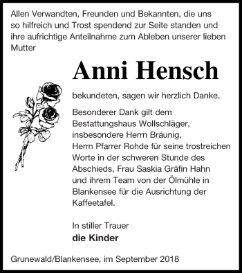 Traueranzeige von Anni Hensch von Templiner Zeitung