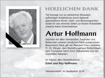 Traueranzeige von Artur Hoffmann von Templiner Zeitung