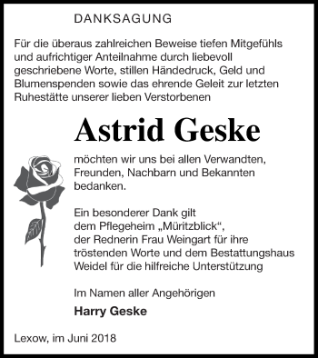 Traueranzeige von Astrid Geske von Müritz-Zeitung