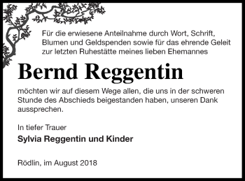 Traueranzeige von Bernd Reggentin von Strelitzer Zeitung