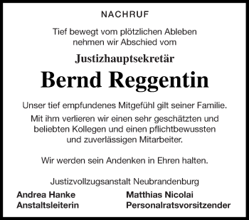 Traueranzeige von Bernd Reggentin von Strelitzer Zeitung