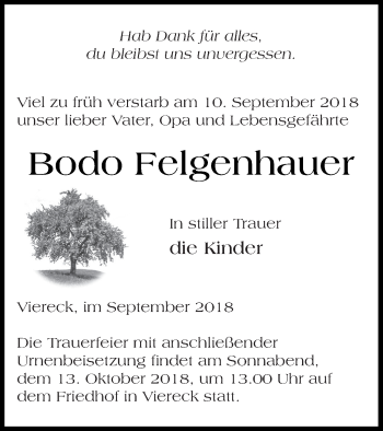 Traueranzeige von Bodo Felgenhauer von Haff-Zeitung