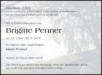 Traueranzeige von Brigitte Penner von Müritz-Zeitung