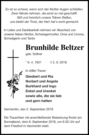 Traueranzeige von Brunhilde Beltzer von Müritz-Zeitung