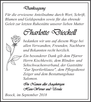 Traueranzeige von Charlotte Dieckell von Pasewalker Zeitung