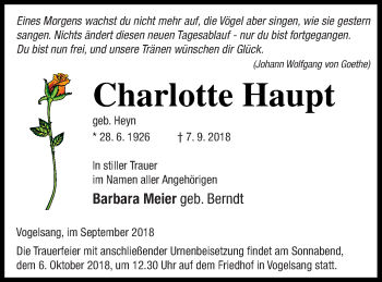 Traueranzeige von Charlotte Haupt von Haff-Zeitung