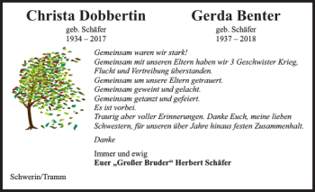 Traueranzeige von Christa Dobbertin Gerda Benter von Zeitung für die Landeshauptstadt