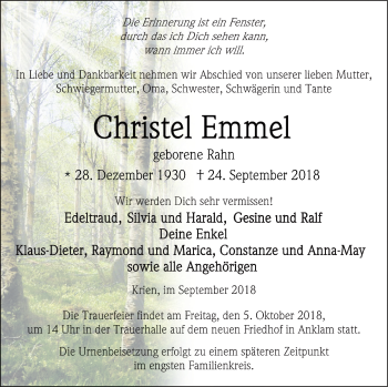 Traueranzeige von Christel Emmel von Vorpommern Kurier