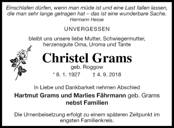 Traueranzeige von Christel Grams von Vorpommern Kurier