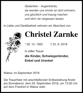 Traueranzeige von Christel Zarnke von Müritz-Zeitung