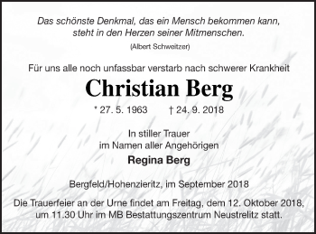 Traueranzeige von Christian Berg von Strelitzer Zeitung