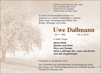 Traueranzeige von Cwe Dallmann von Pasewalker Zeitung