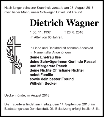 Traueranzeige von Dietrich Wagner von Haff-Zeitung