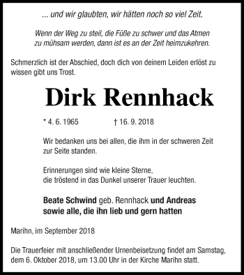 Traueranzeige von Dirk Rennhack von Müritz-Zeitung