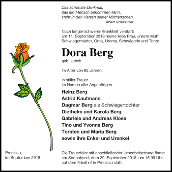 Traueranzeige von Dora Berg von Prenzlauer Zeitung