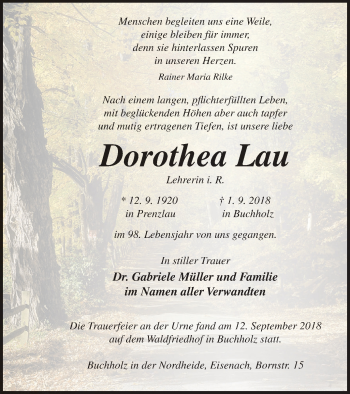 Traueranzeige von Dorothea Lau von Prenzlauer Zeitung