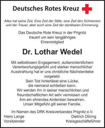 Traueranzeige von Dr. Lothar Wedel von Der Prignitzer