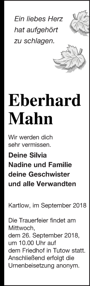 Traueranzeige von Eberhard Mahn von Vorpommern Kurier