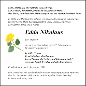 Traueranzeige von Edda Nikolaus von Neubrandenburger Zeitung