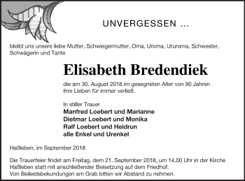 Traueranzeige von Elisabeth Bredendiek von Templiner Zeitung