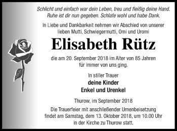 Traueranzeige von Elisabeth Rütz von Strelitzer Zeitung