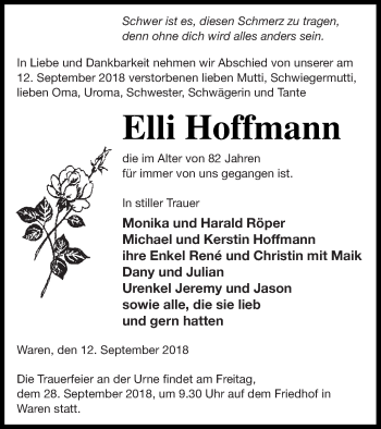 Traueranzeige von Elli Hoffmann von Müritz-Zeitung