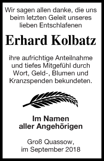 Traueranzeige von Erhard Kolbatz von Strelitzer Zeitung