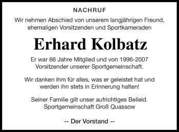 Traueranzeige von Erhard Kolbatz von Strelitzer Zeitung