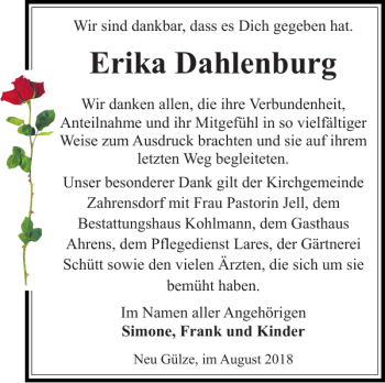 Traueranzeige von Erika Dahlenburg von Hagenower Kreisblatt