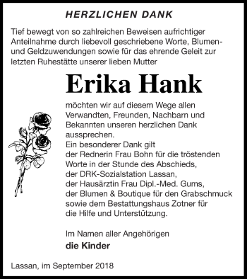 Traueranzeige von Erika Hank von Vorpommern Kurier