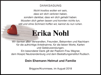 Traueranzeige von Erika Nohl von Mecklenburger Schweiz