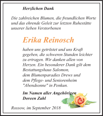 Traueranzeige von Erika Reinosch von Pasewalker Zeitung