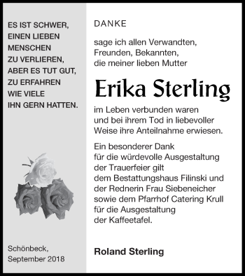 Traueranzeige von Erika Sterling von Strelitzer Zeitung