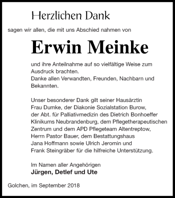 Traueranzeige von Erwin Meinke von Neubrandenburger Zeitung