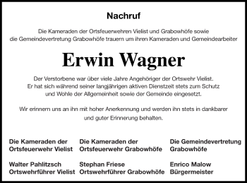 Traueranzeige von Erwin Wagner von Müritz-Zeitung