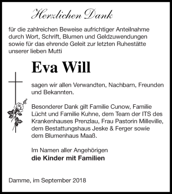 Traueranzeige von Eva Will von Prenzlauer Zeitung