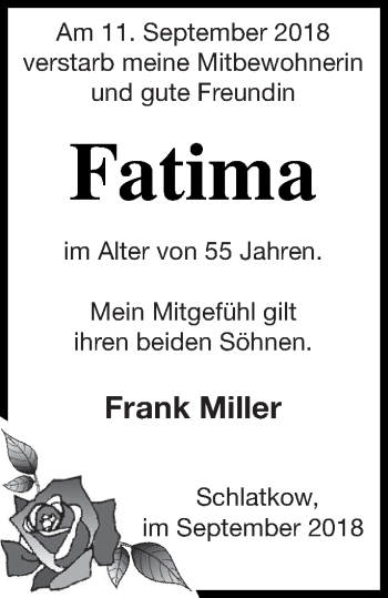 Traueranzeige von Fatima  von Vorpommern Kurier