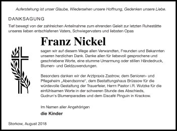 Traueranzeige von Franz Nickel von Pasewalker Zeitung