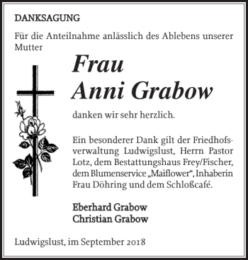 Traueranzeige von Frau Anni Grabow von Ludwigsluster Tageblatt