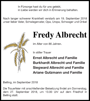 Traueranzeige von Fredy Albrecht von Pasewalker Zeitung