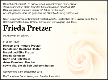 Traueranzeige von Frieda Pretzer von Haff-Zeitung