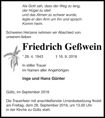 Traueranzeige von Friedrich Geßwein von Neubrandenburger Zeitung