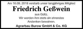 Traueranzeige von Friedrich Geßwein von Treptower Tageblatt