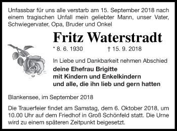 Traueranzeige von Fritz Waterstradt von Strelitzer Zeitung